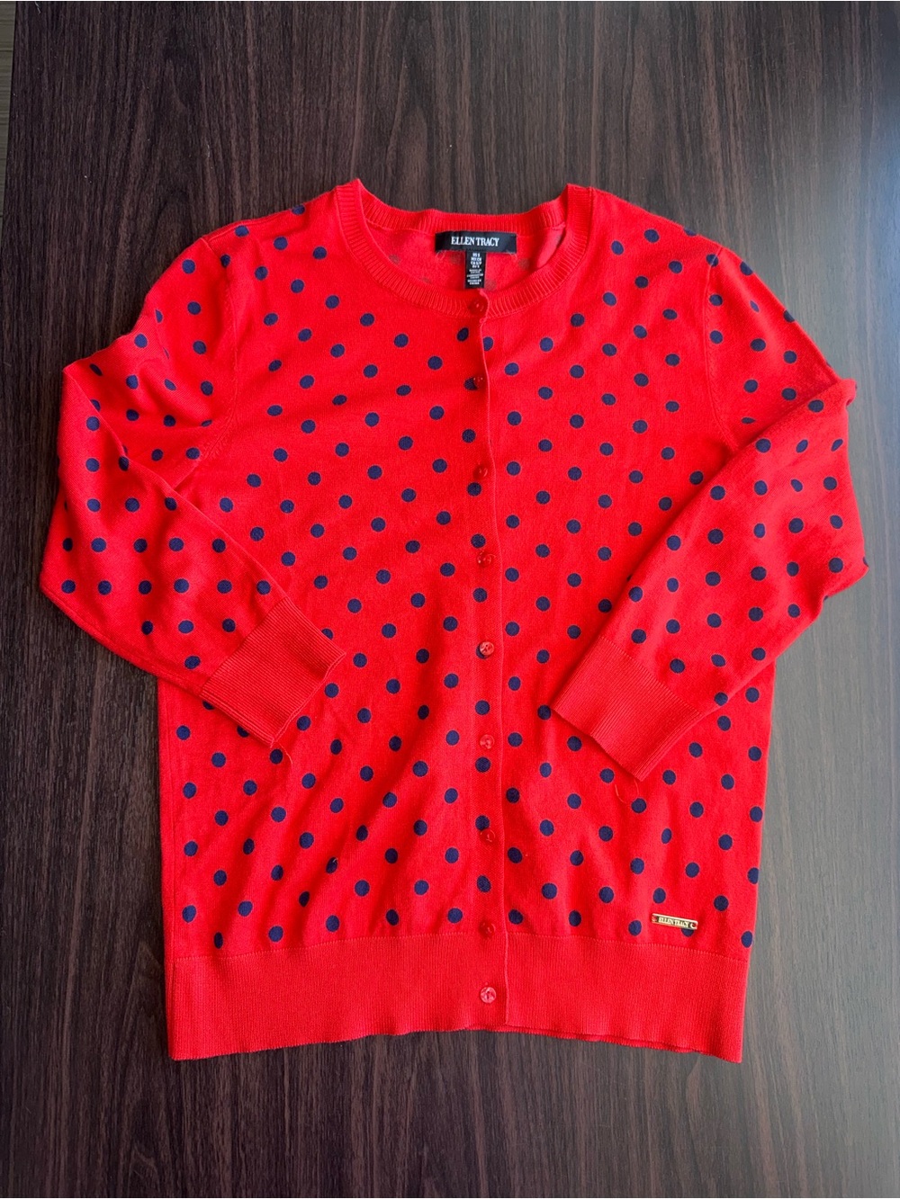 Ellen Tracy Knit Button-Front Cardigan Sweater Polka Dot Red Blue Women S
